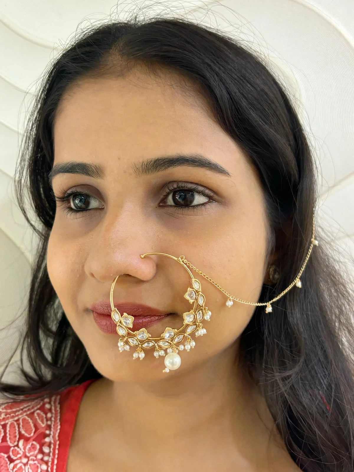 Designer Rose Gold Finish Kundan Polki Nose Ring | Bridal Nath