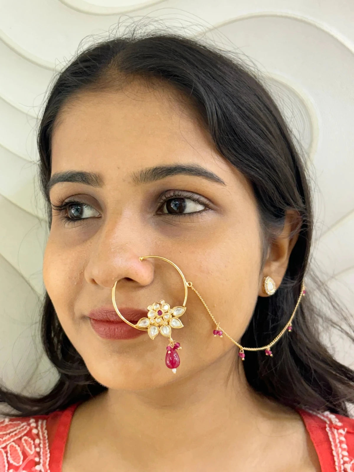 unique Flower Design Red Kundan Nath Nose Ring for women online 