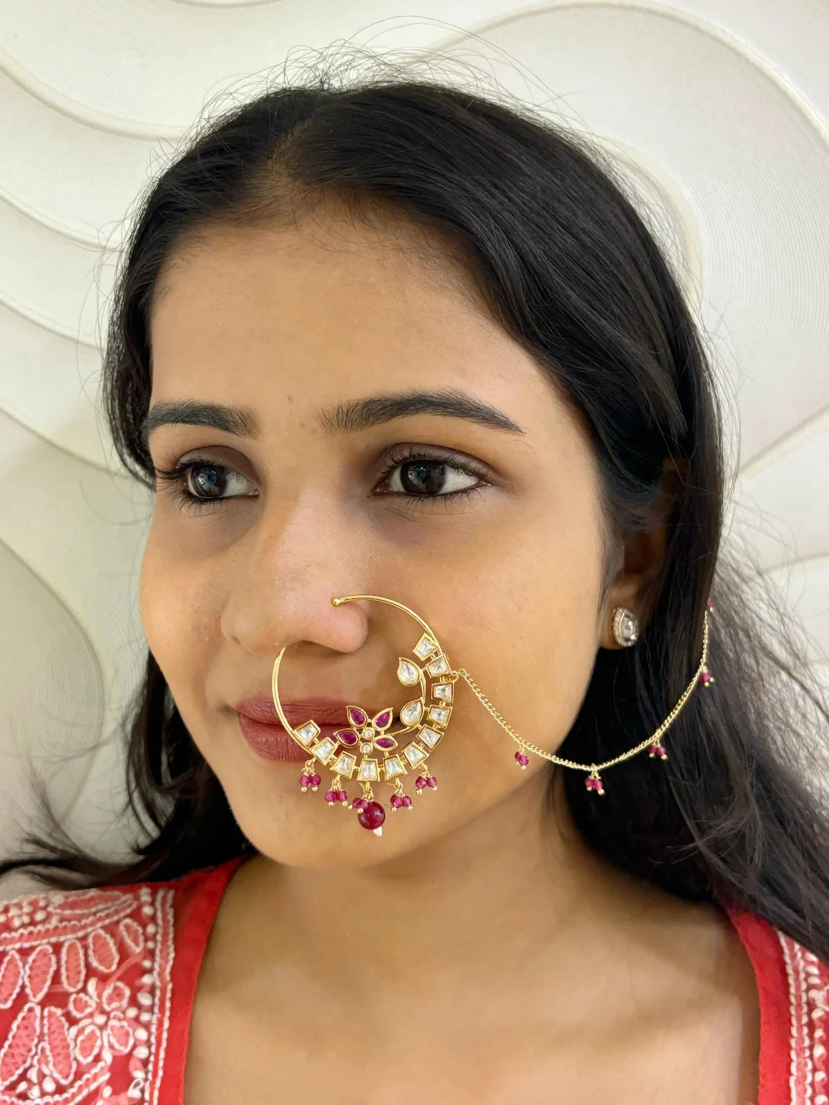 Rose Gold Finish Flower Design Red Kundan Nath Nose Ring For Women