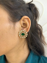 Designer Light Weight Ad And Polki Green Kundan Stud Earrings for women online.