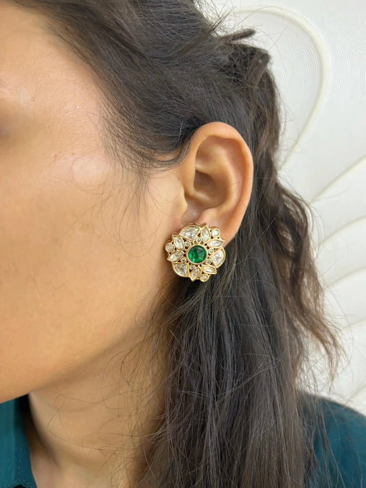 Beautiful Rose Gold Green Polki Kundan Stud Earrings