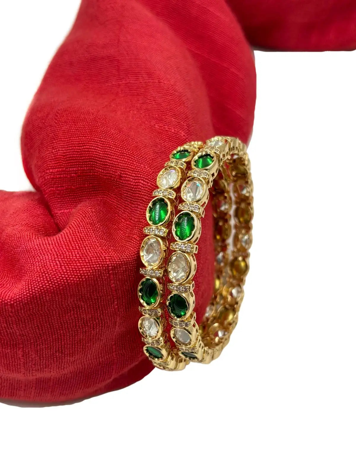 Traditional Rose Gold Finish Sleek Green Stone Polki Bangles