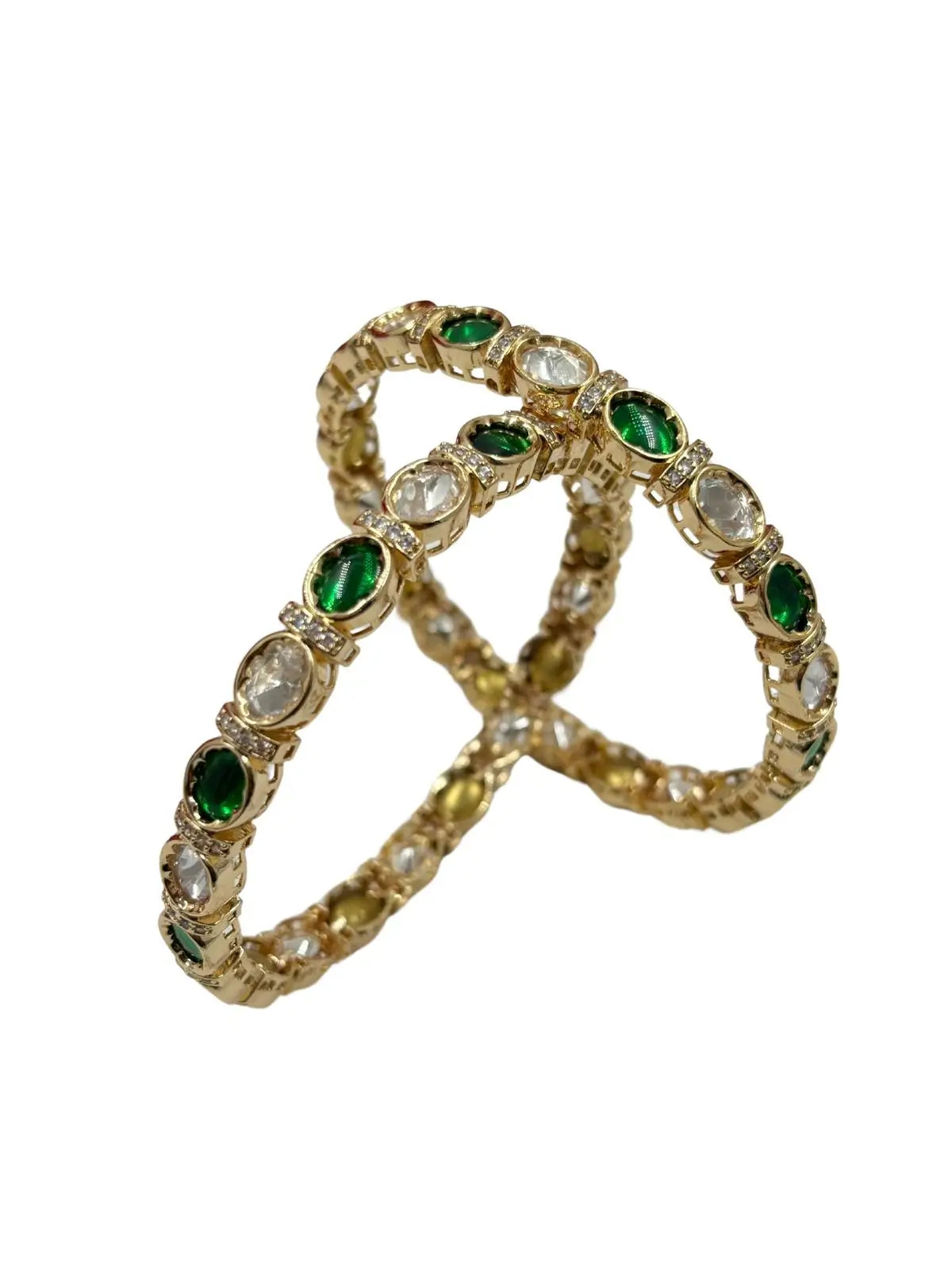 Traditional Rose Gold Finish Sleek Green Stone Polki Bangles