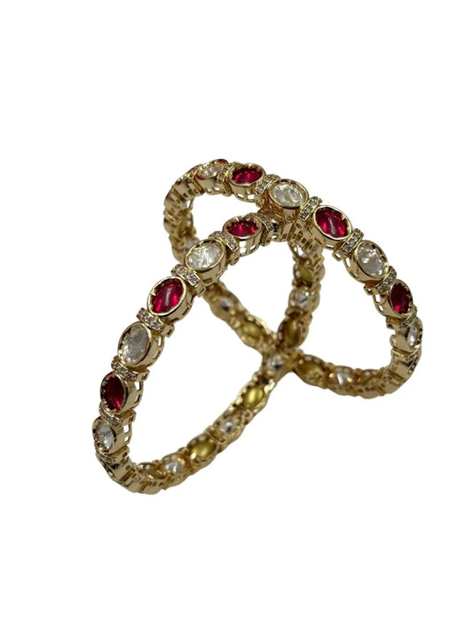 Beautiful Rose Gold Polish Thin Ruby Kundan Bangles for women online 