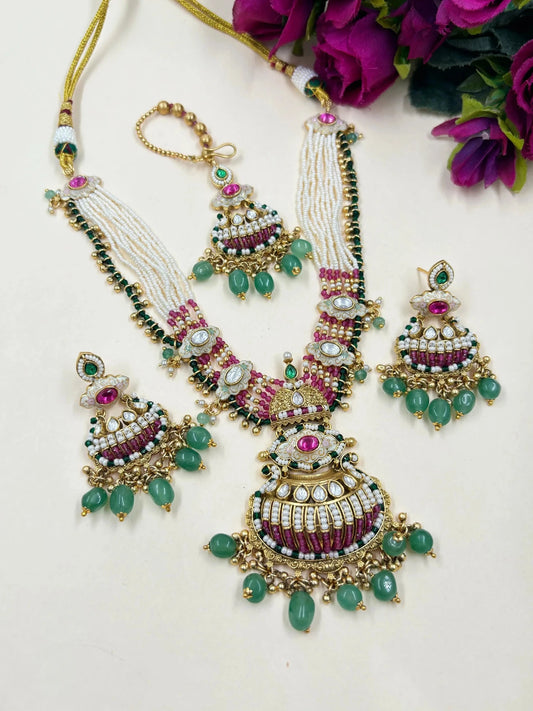 Divyanka Designer Antique Wedding Jewellery Beaded Necklace Set with earrings and tikka 