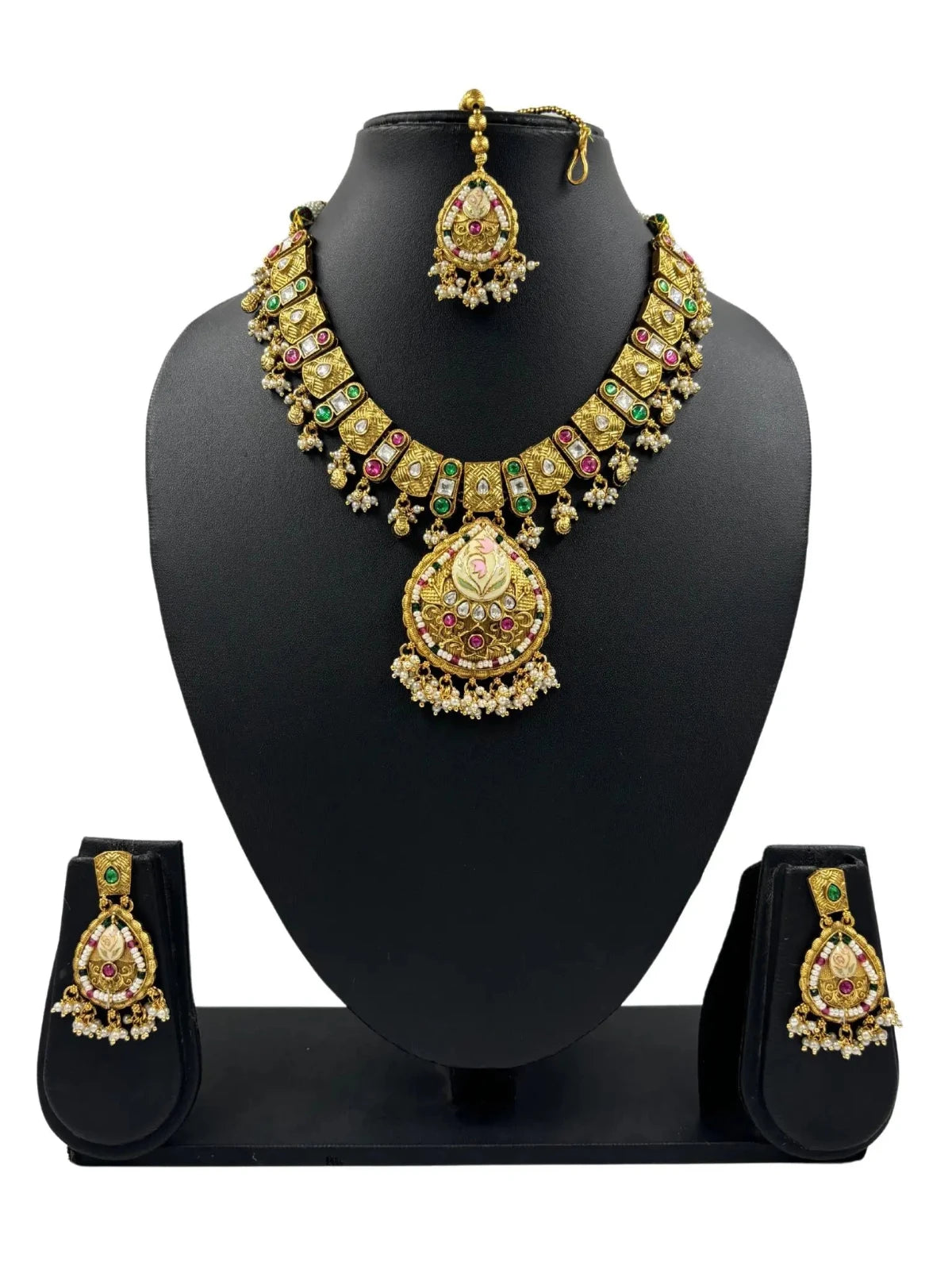 Renuka Designer Artificial Antique Golden Necklace Set with tikka For Weddings and parties online 