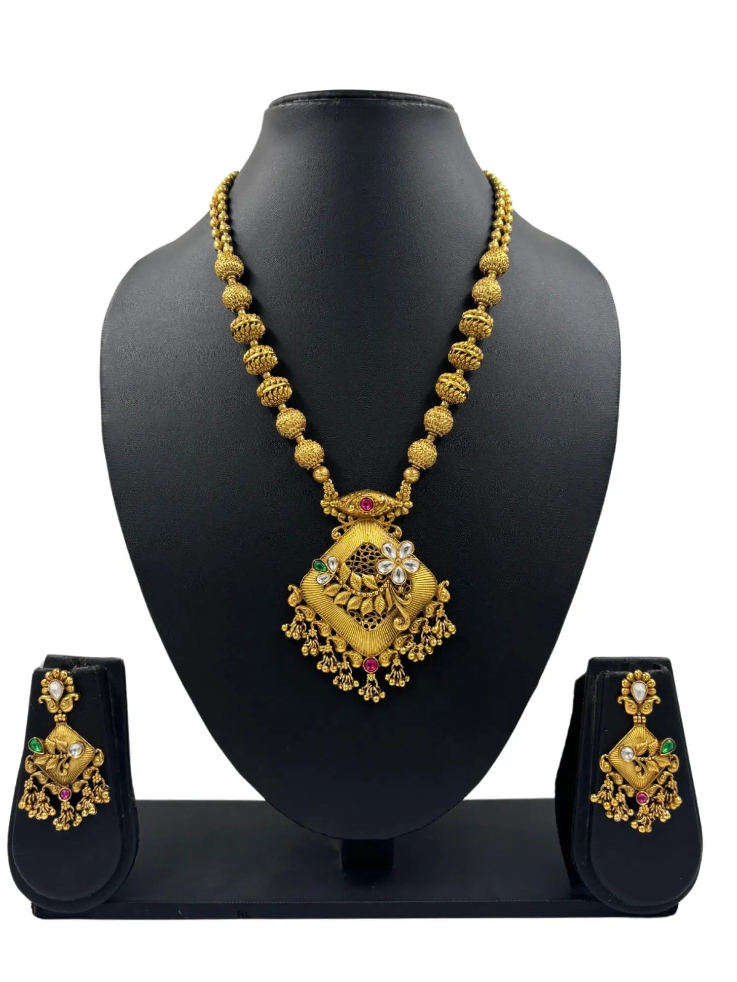 Traditional Gold Plated Artificial Antique Golden Pendant Necklace Set 