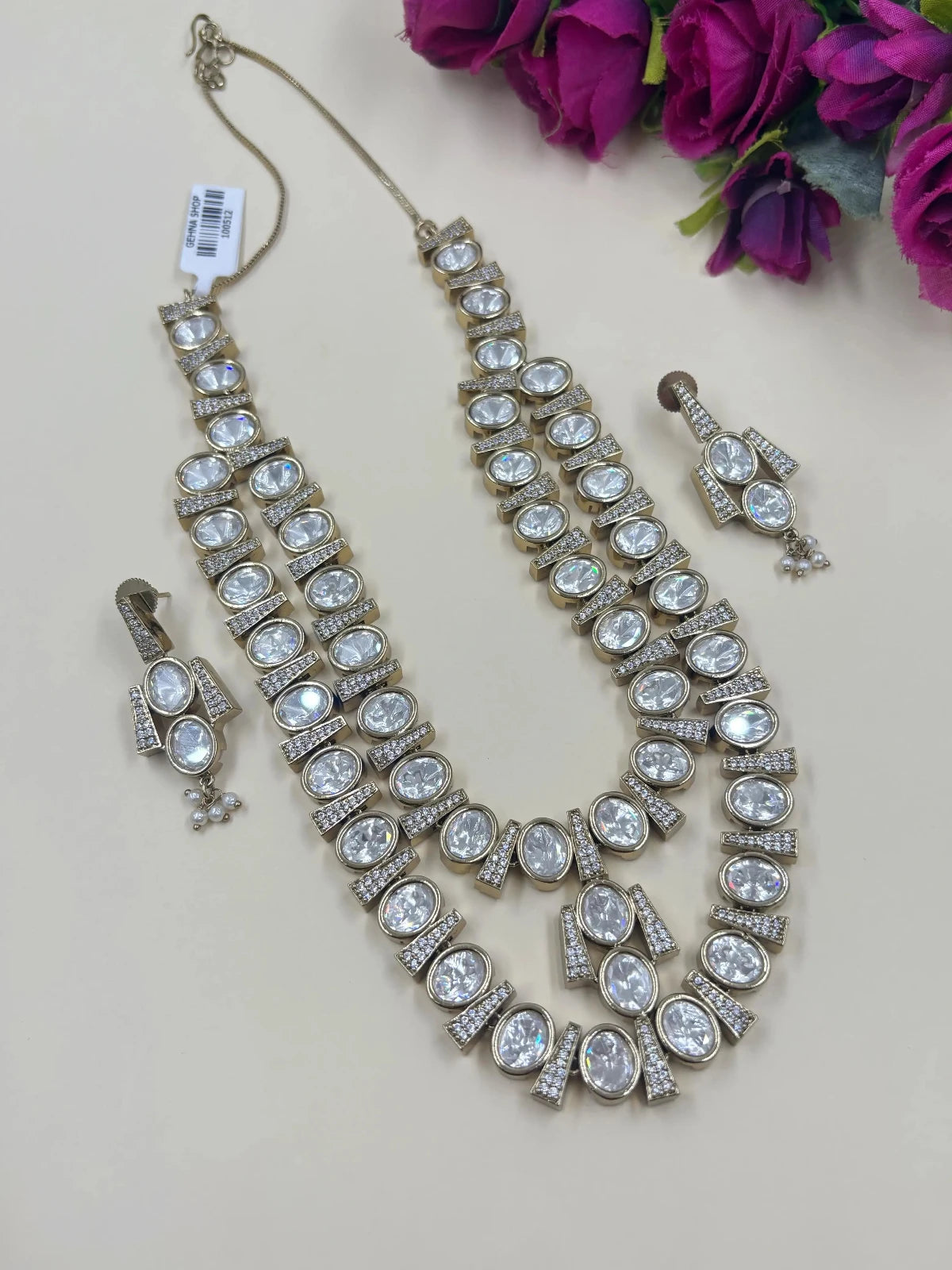 Samisha Double Layered Antique Victorian Polki Jewellery Necklace Set for weddings and parties 