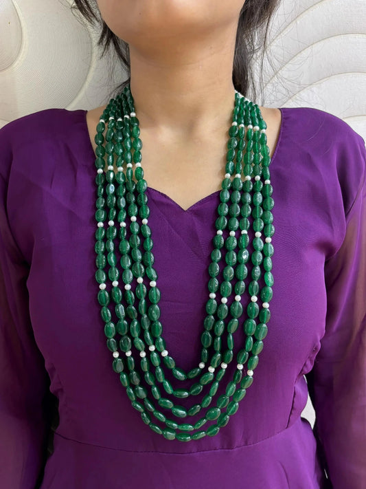 Semi Precious Unisex Long Multilayered Green Jade Beaded Necklace