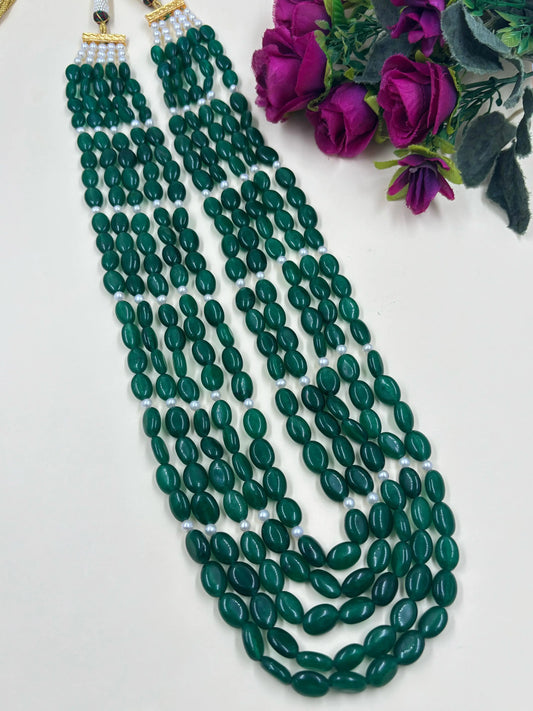 Semi Precious Unisex Long Multilayered Green Jade Beaded Necklace