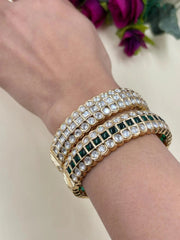 Beautiful premium quality Imitation Polki and green Stone Bangles Set For Ladies online 