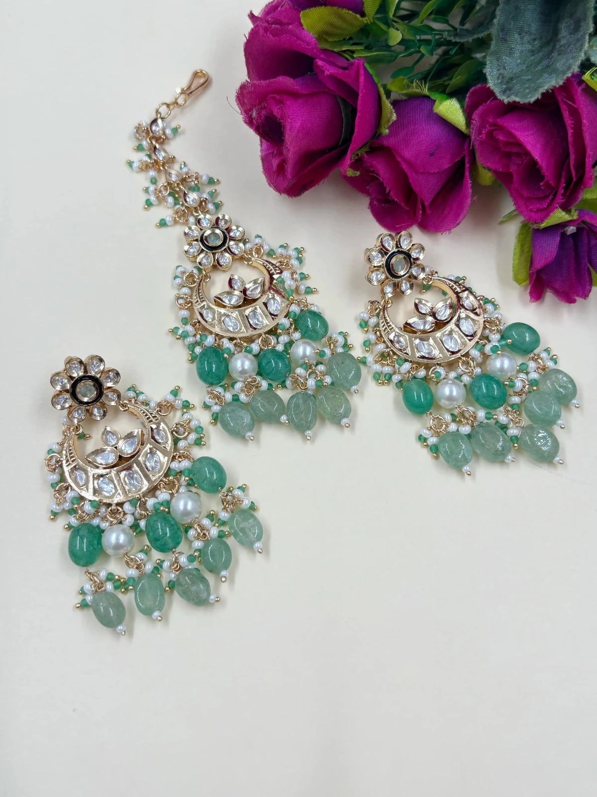 Light Green Kundan Polki Chandbali Earrings With Maang Tikka 