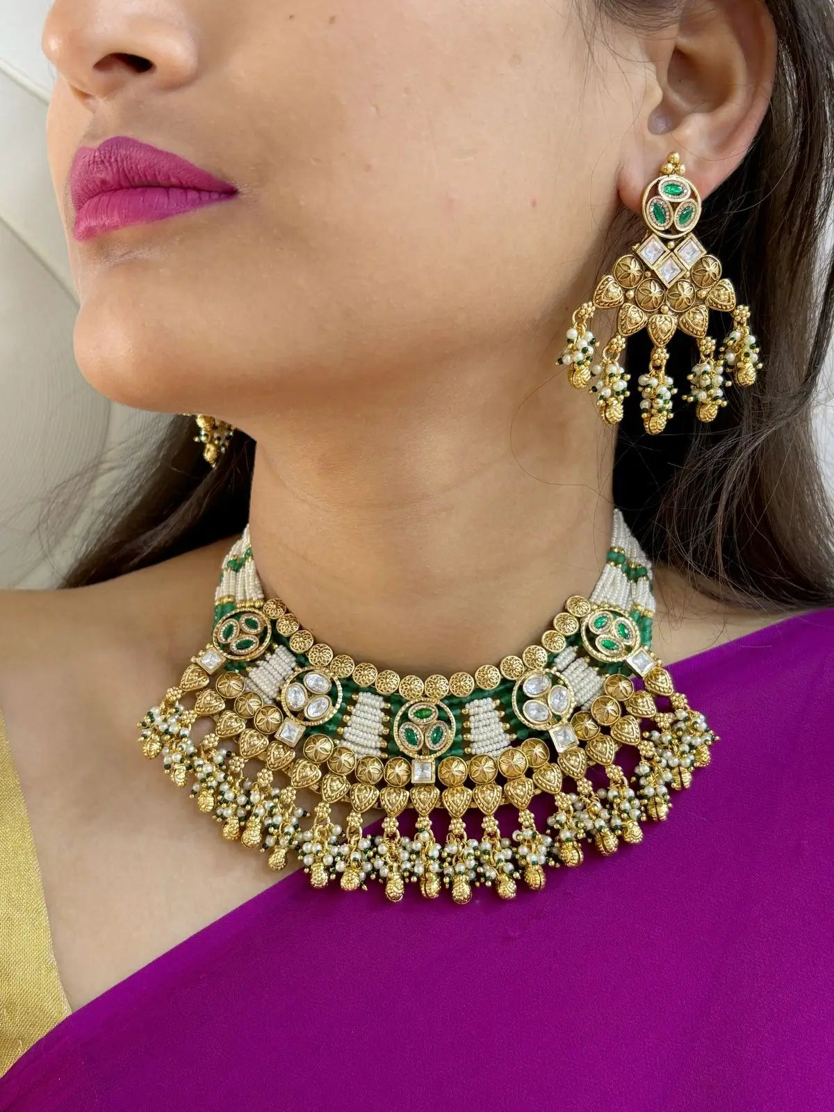 Gold Plated Short Antique Green Necklace Set For Weddings | Heritage Jewelry For Women