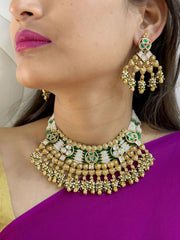 Gold Plated Short Antique Green Necklace Set For Weddings | Heritage Jewelry For Women