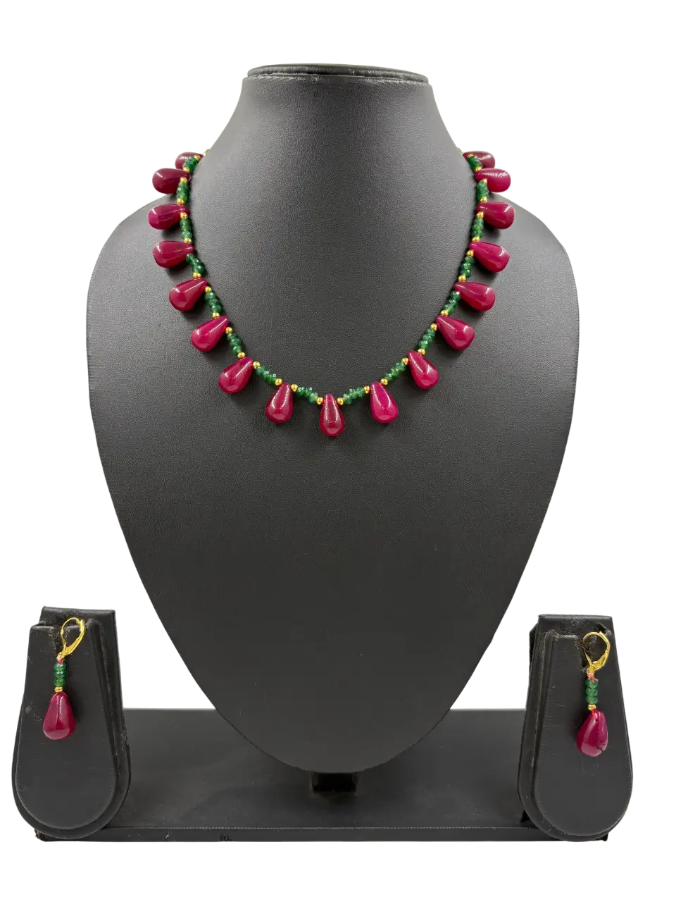 Semi Precious Ruby Red Jade Drops Beads Necklace With Earrings – Traditional Beaded Jewelry For Women