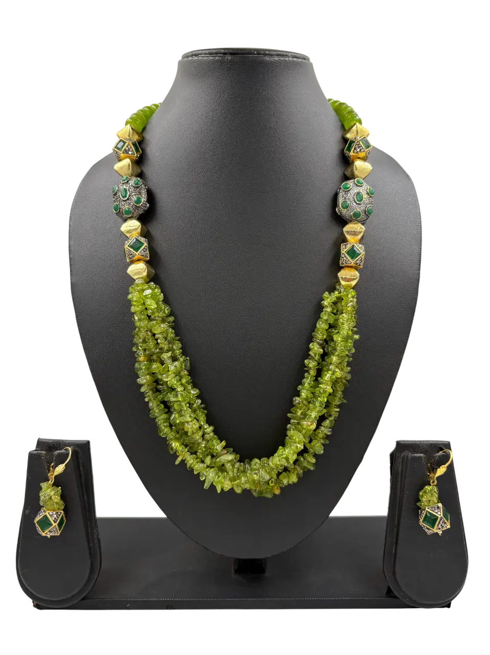 Designer Semi Precious Parrot Green Chips Peridot Beaded Necklace Set For Women