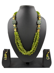 Designer Semi Precious Parrot Green Chips Peridot Beaded Necklace Set For Women