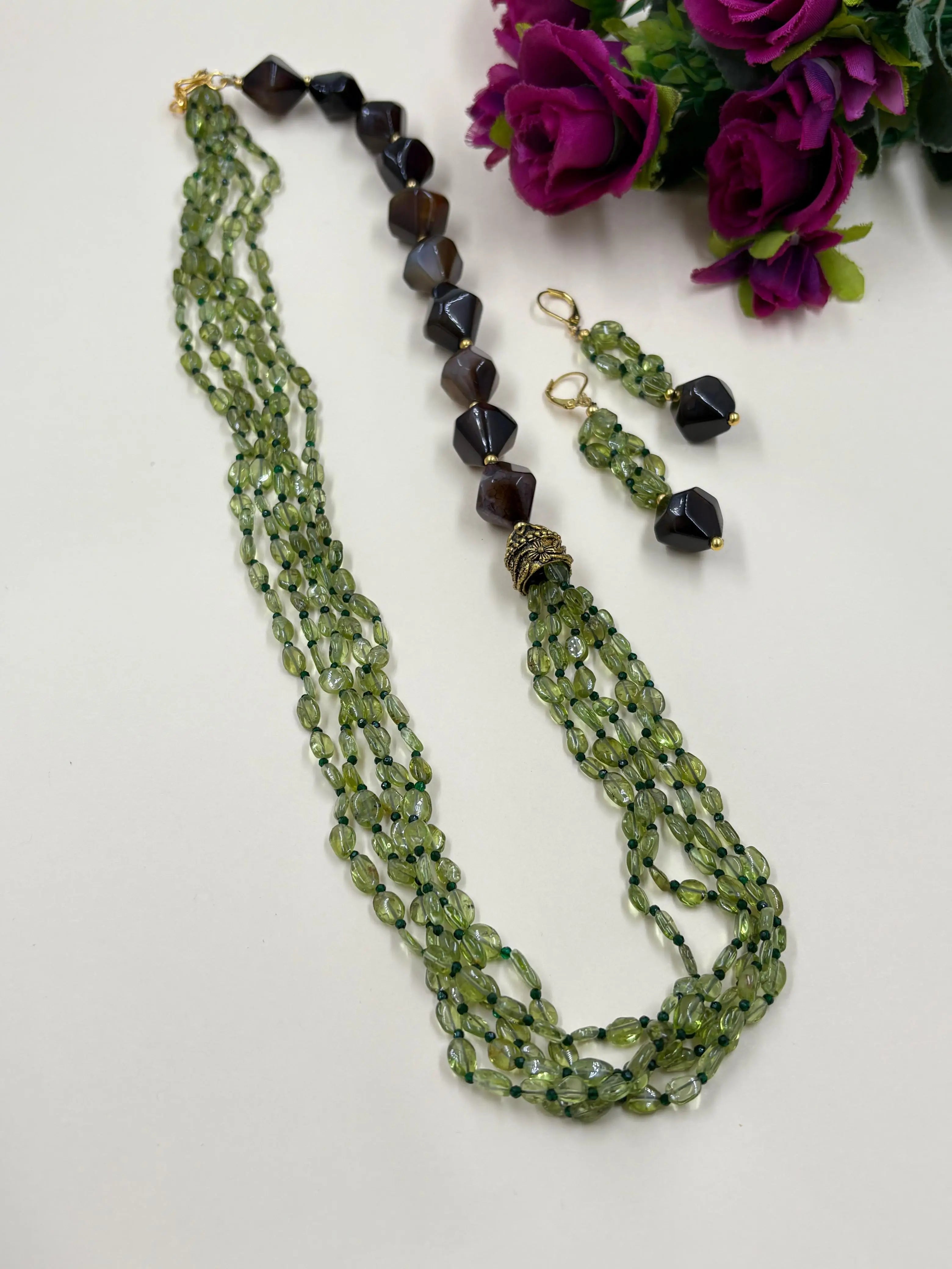 Semi Precious One Side Pattern Green Peridot Beaded Necklace Set - Elegant Gemstone Beads Jewelry 