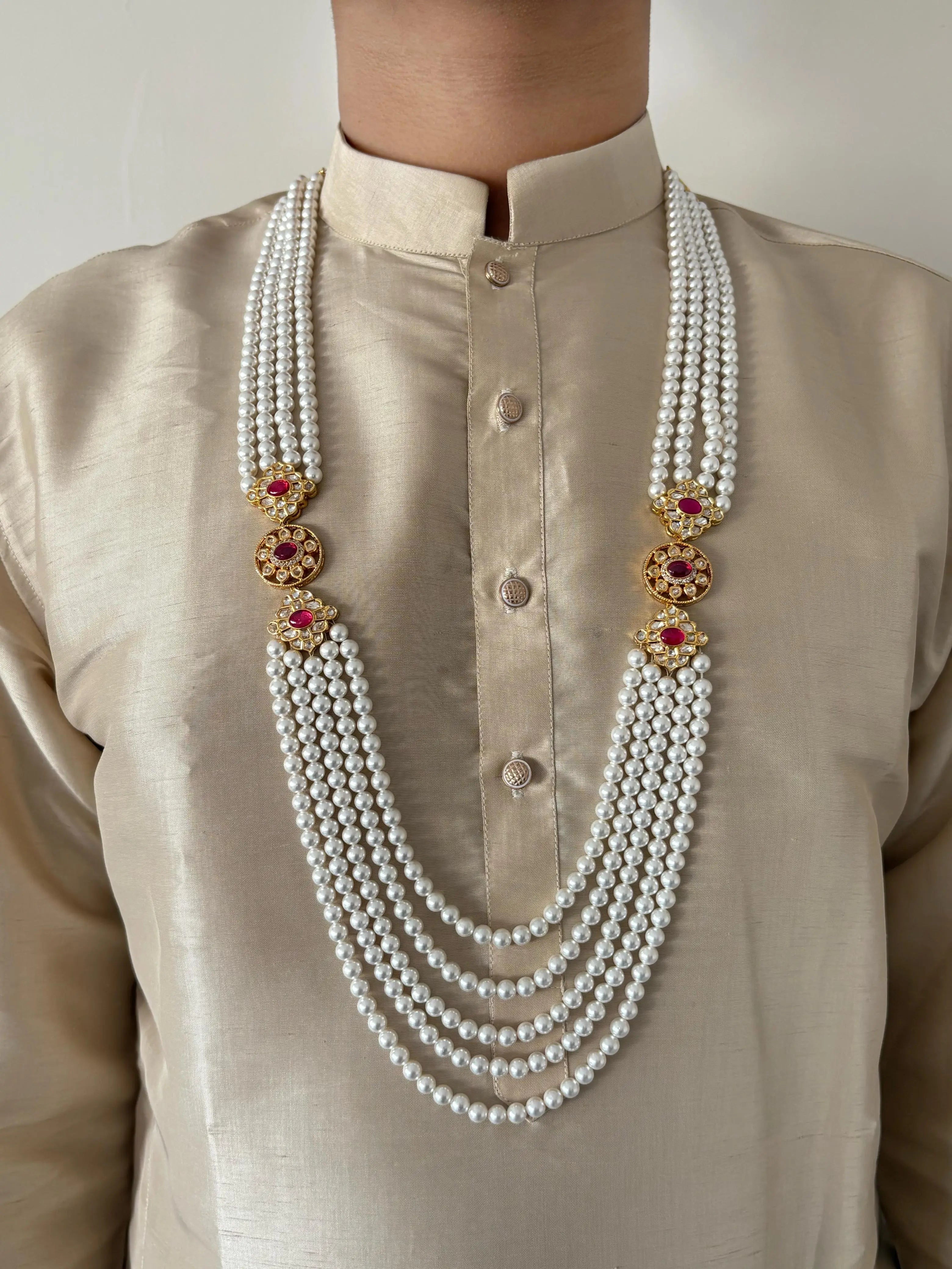 Designer Long Kundan Brooch And Pearls Necklace For Grooms Sherwani - Mens Weddings Jewellery 