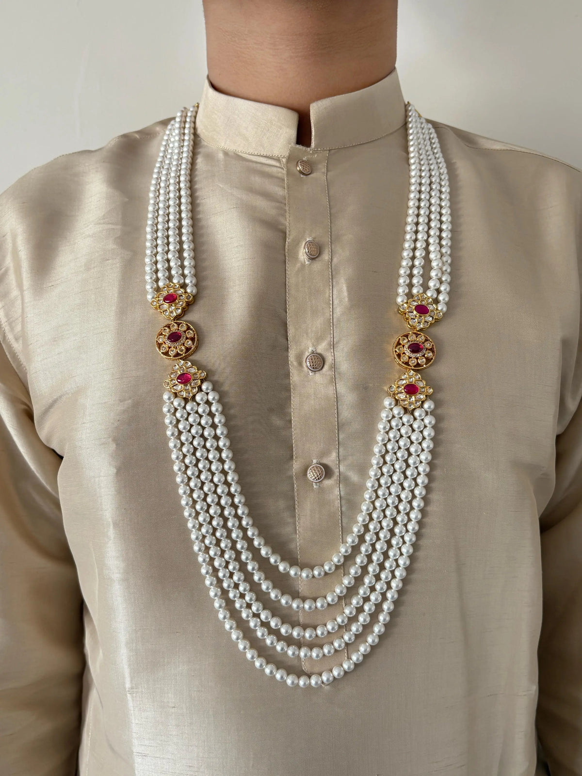 Designer Long Kundan Brooch And Pearls Necklace For Grooms Sherwani - Mens Weddings Jewellery 