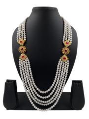 Designer Long Kundan Brooch And Pearls Necklace For Grooms Sherwani - Mens Weddings Jewellery 