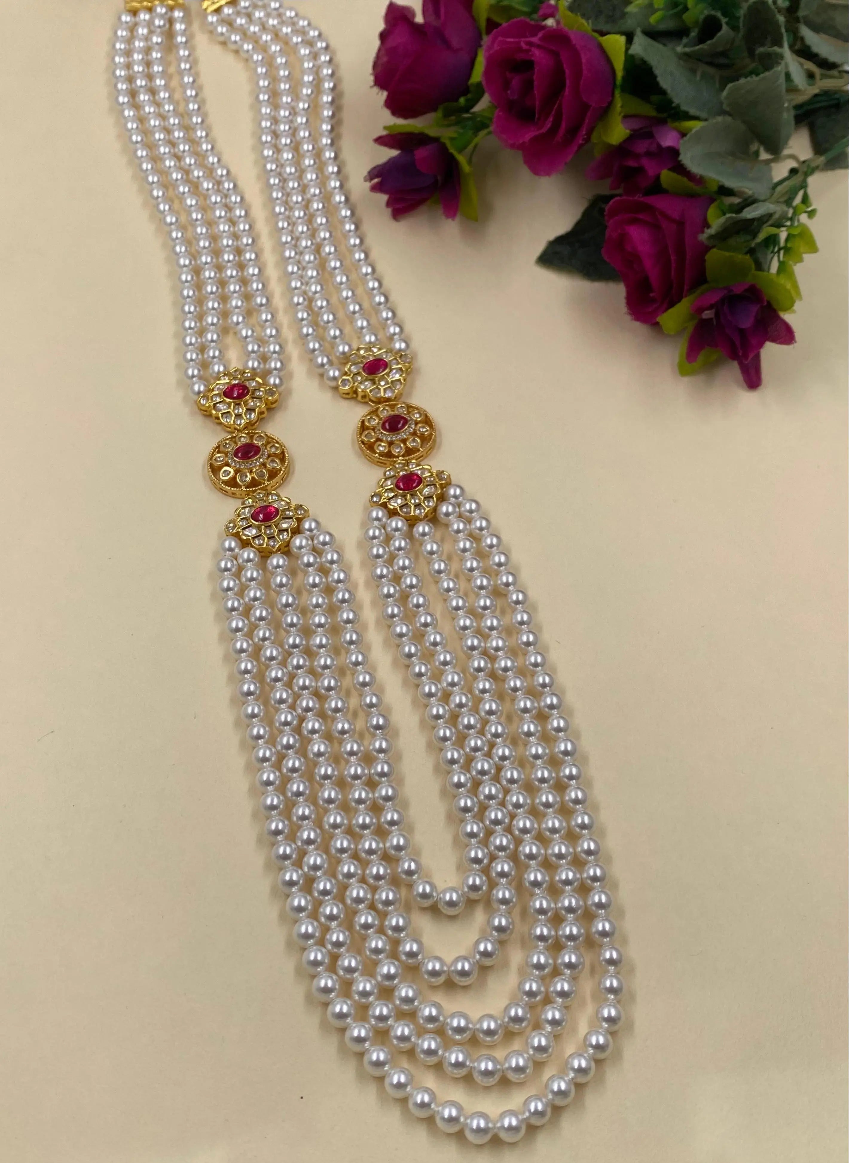 Designer Long Kundan Brooch And Pearls Necklace For Grooms Sherwani - Mens Weddings Jewellery 