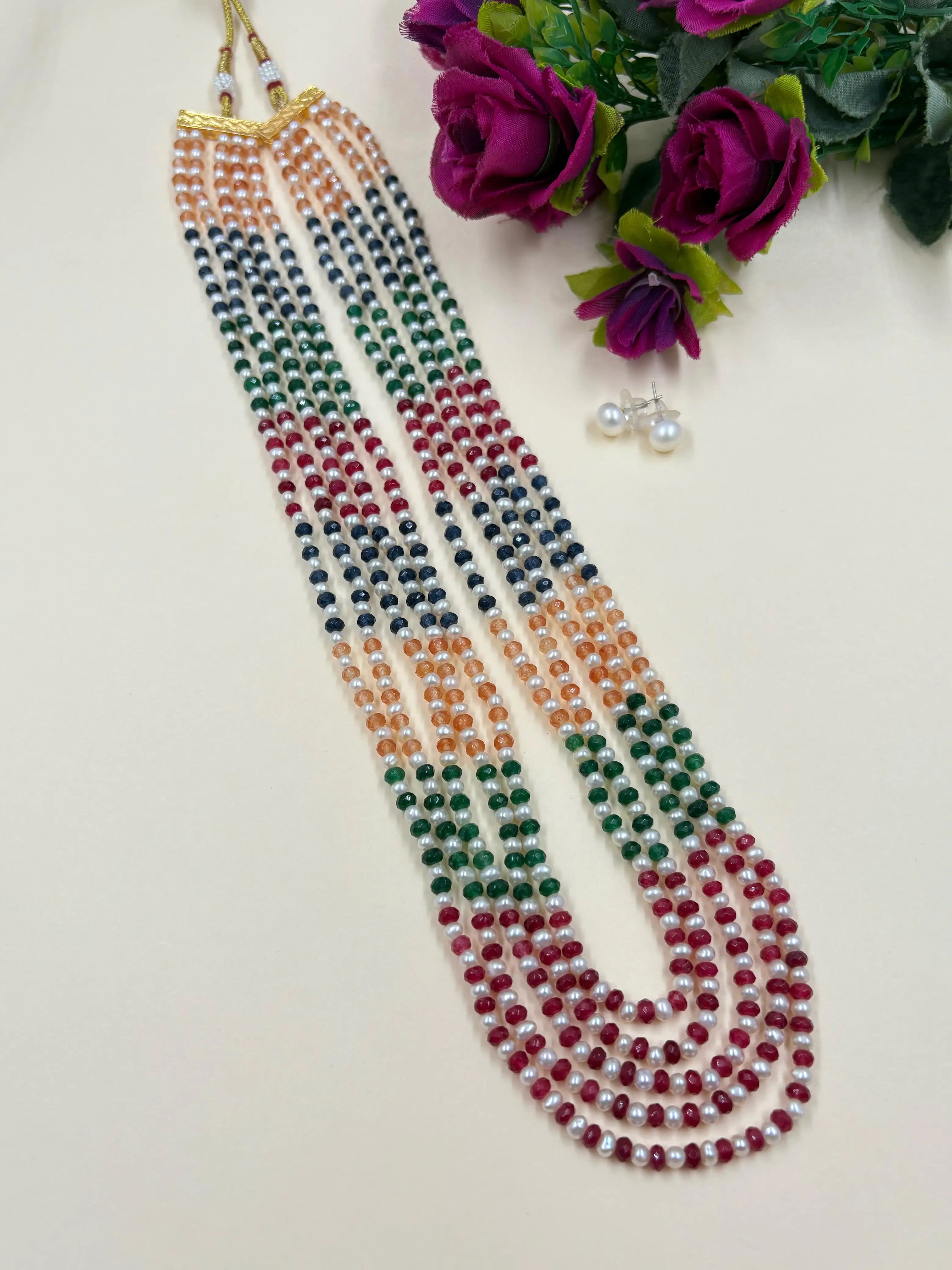 Semi Precious Jade Beads And Natural Pearls Multicolor Beaded Necklace - Gemstone Jewelry 