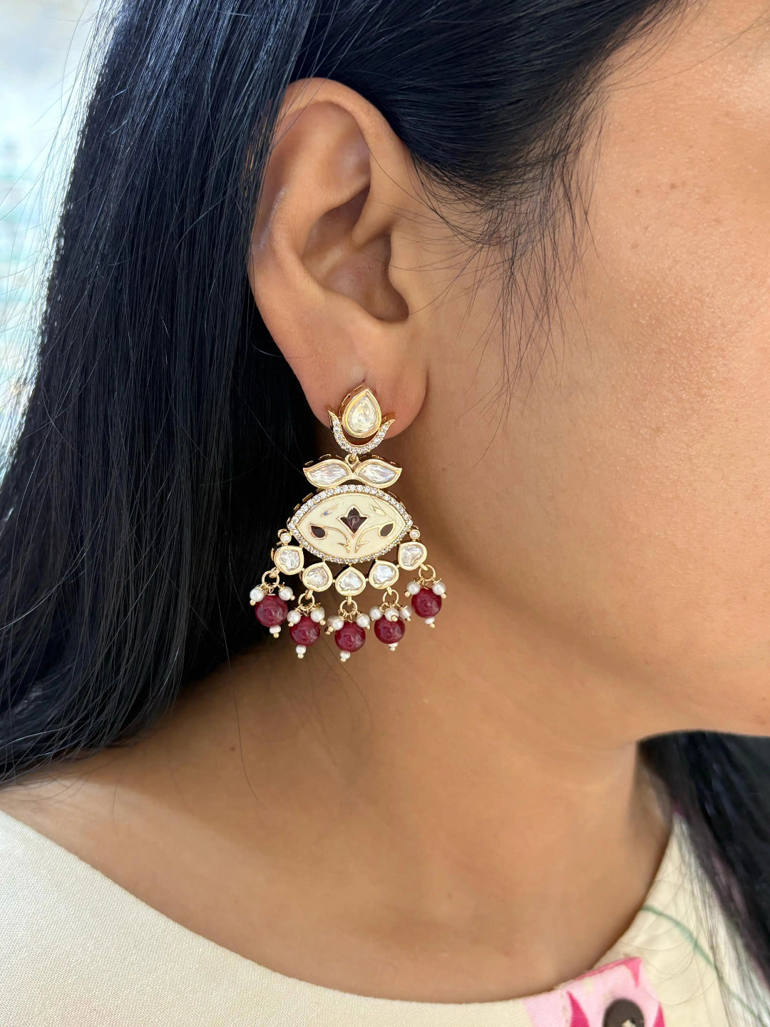 Traditional Red Meenakari Kundan Dangler Earrings For Women - Party And Wedding Wear