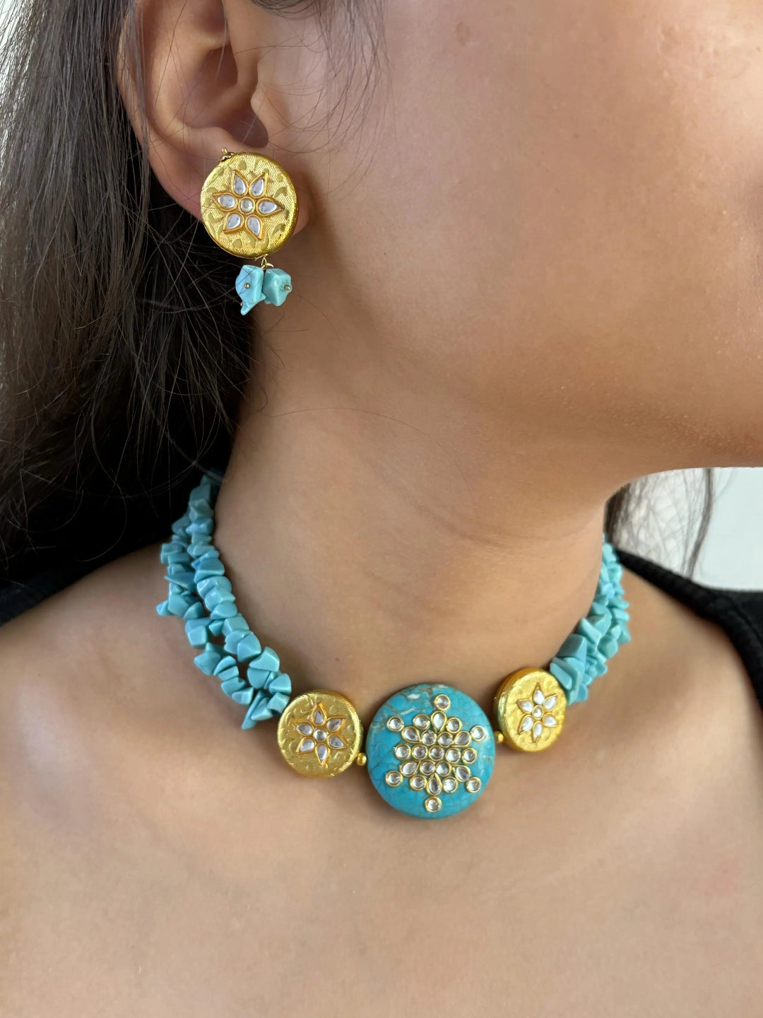 Statement Look Natural Turquoise Stone Beaded Choker Necklace Set - Blue Choker