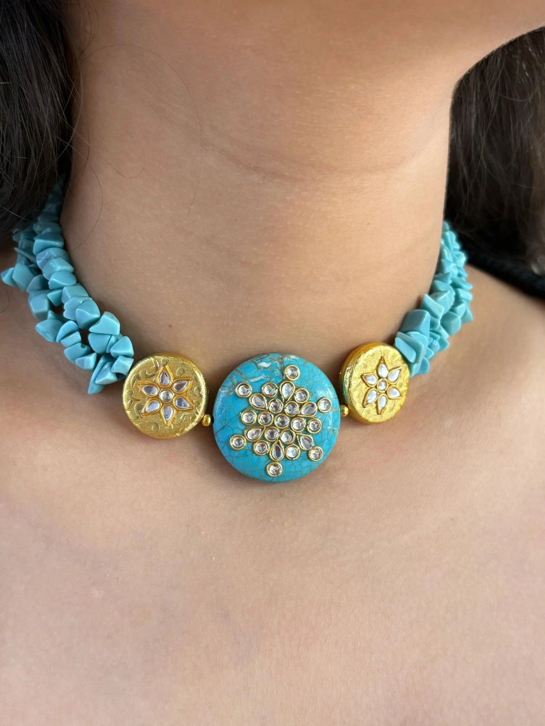 Statement Look Natural Turquoise Stone Beaded Choker Necklace Set - Blue Choker