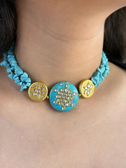 Statement Look Natural Turquoise Stone Beaded Choker Necklace Set - Blue Choker