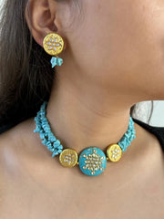 Statement Look Natural Turquoise Stone Beaded Choker Necklace Set - Blue Choker