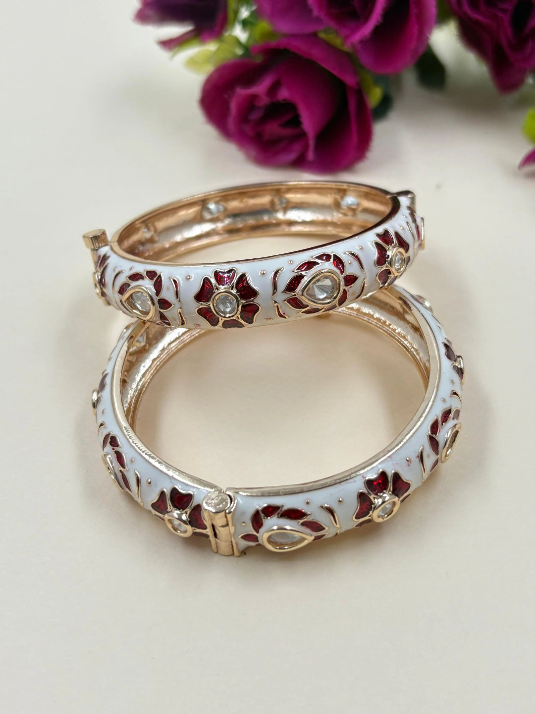 Traditional Gold Plated Red Meenakari Bangles With Kundan - Wedding And Festive Wear 