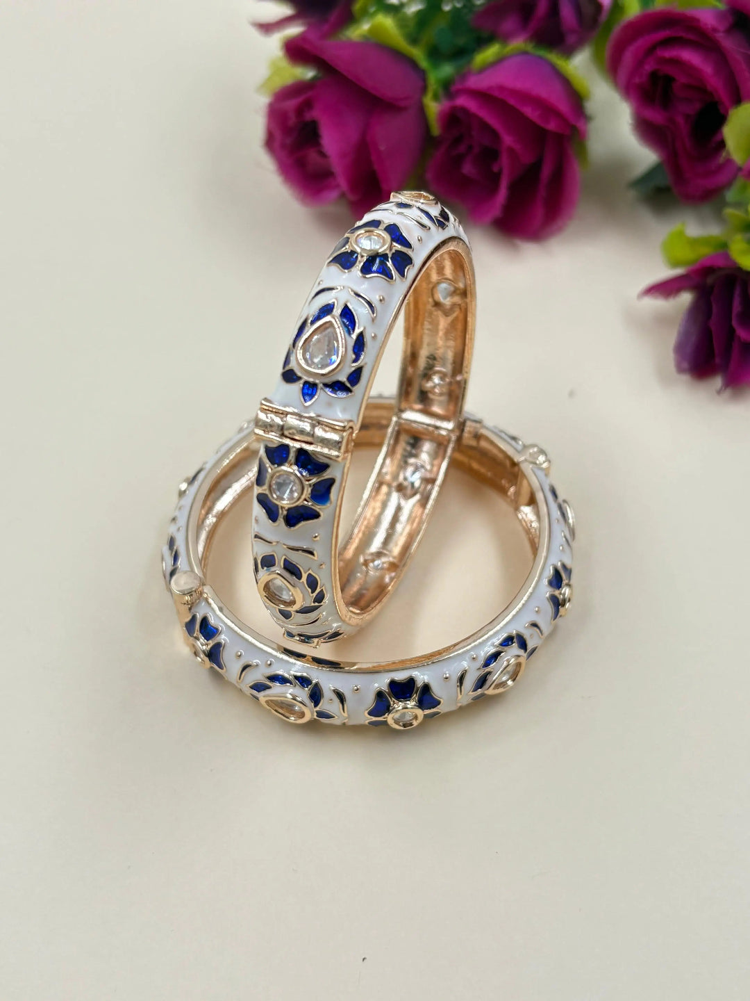 Traditional Gold Plated Floral Blue Meenakari Bangles With Kundan 