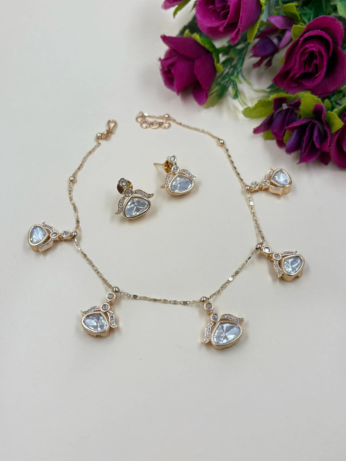 Minimal Jewelry Chain Necklace Set With Polki Drops For Indian And Western Wear 