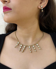 Stylish Minimal Victorian Chain Necklace Set With Polki Drops 