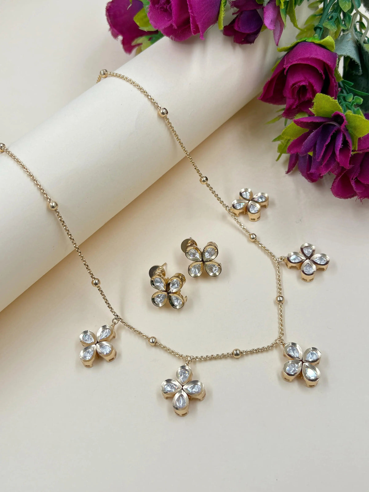 Elegant And Minimal Chain Necklace Set With Floral Polki Drops - Indo Western Necklace 