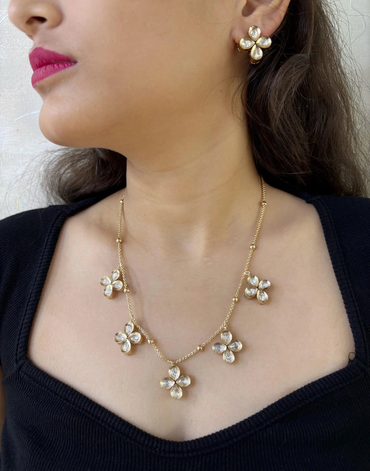 Elegant And Minimal Chain Necklace Set With Floral Polki Drops - Indo Western Necklace 