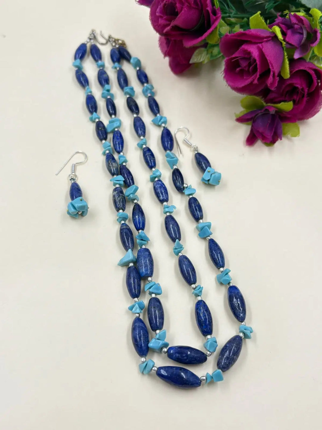 Layered Blue Lapis Lazuli Gemstone Beaded Necklace Set For Women 