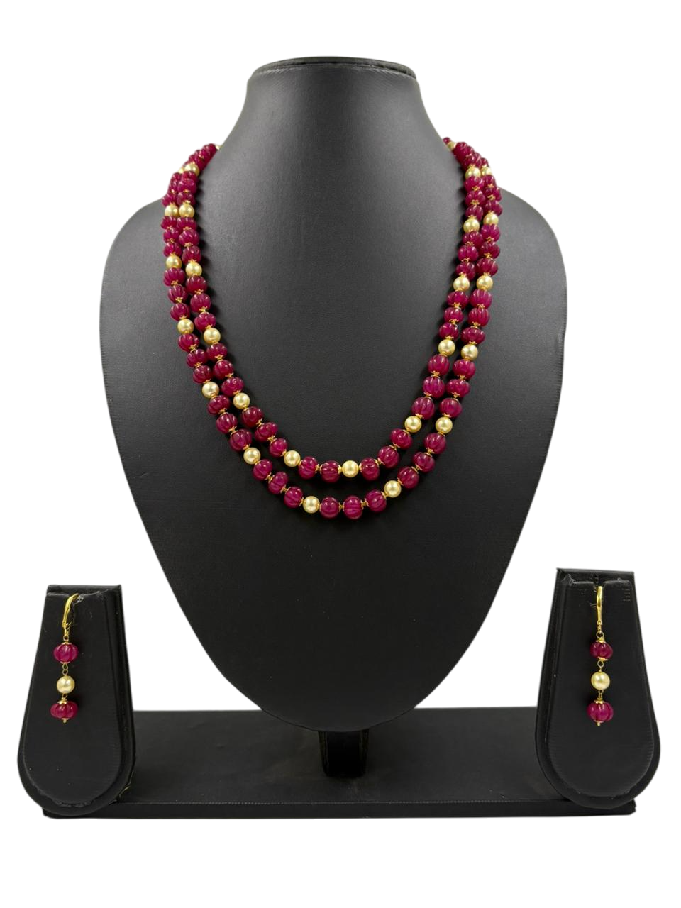 Double Layered Pink Jade Kharbuja Beads Necklace Set For Women