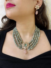 Handcrafted Statement Look Pastel Green Beaded Kundan Necklace Set For Women
