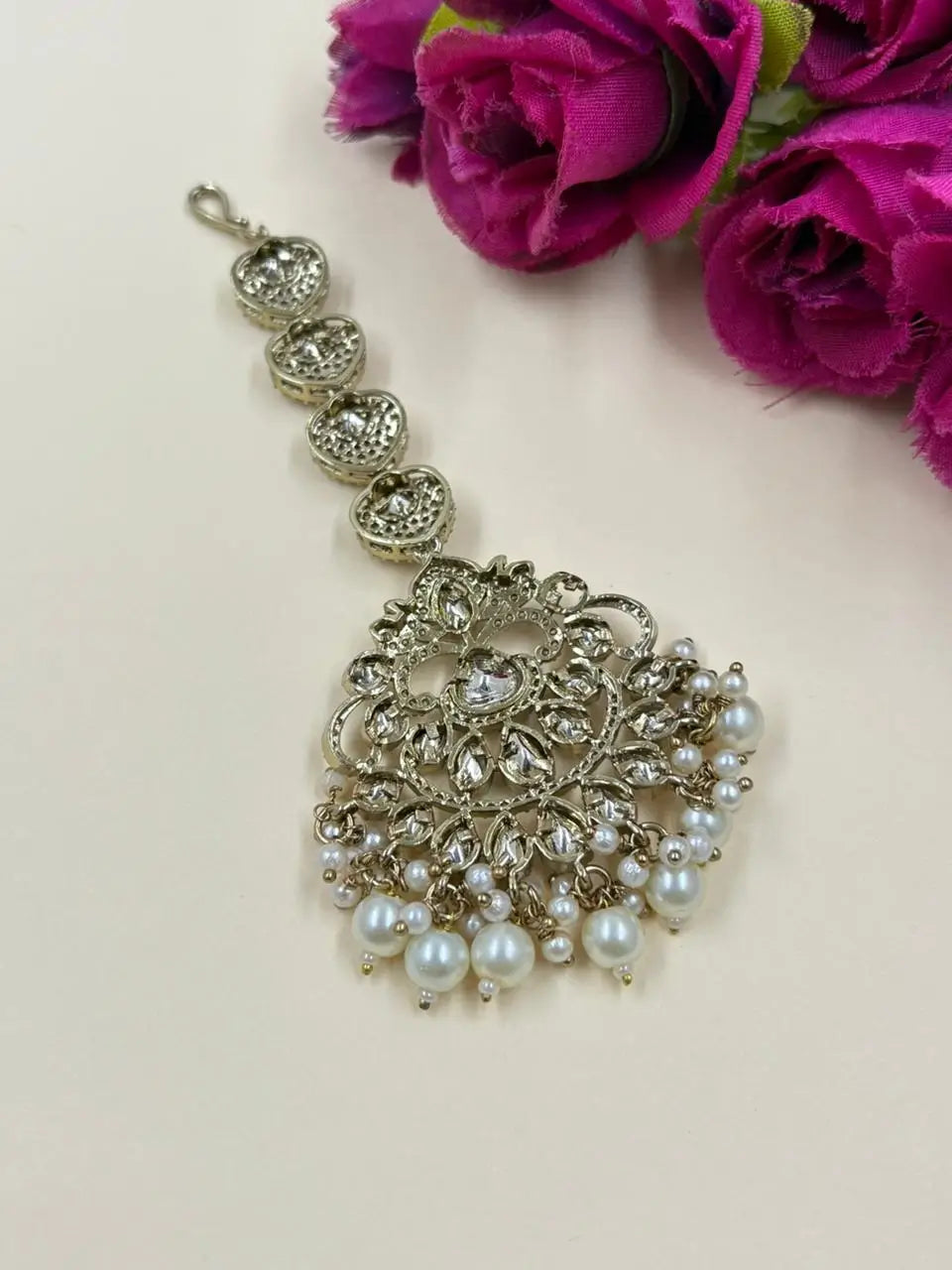 Victorian Plated Mossanite Kundan Maang Tikka With Pearls - Wedding And Festive Wear 
