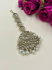 Victorian Plated Mossanite Kundan Maang Tikka With Pearls - Wedding And Festive Wear 