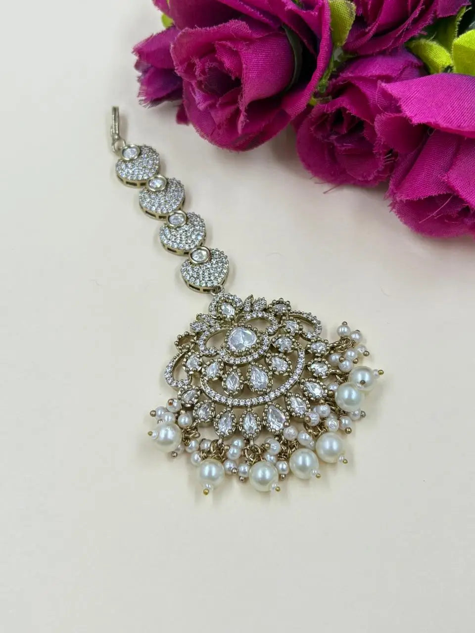 Victorian Plated Mossanite Kundan Maang Tikka With Pearls - Wedding And Festive Wear 