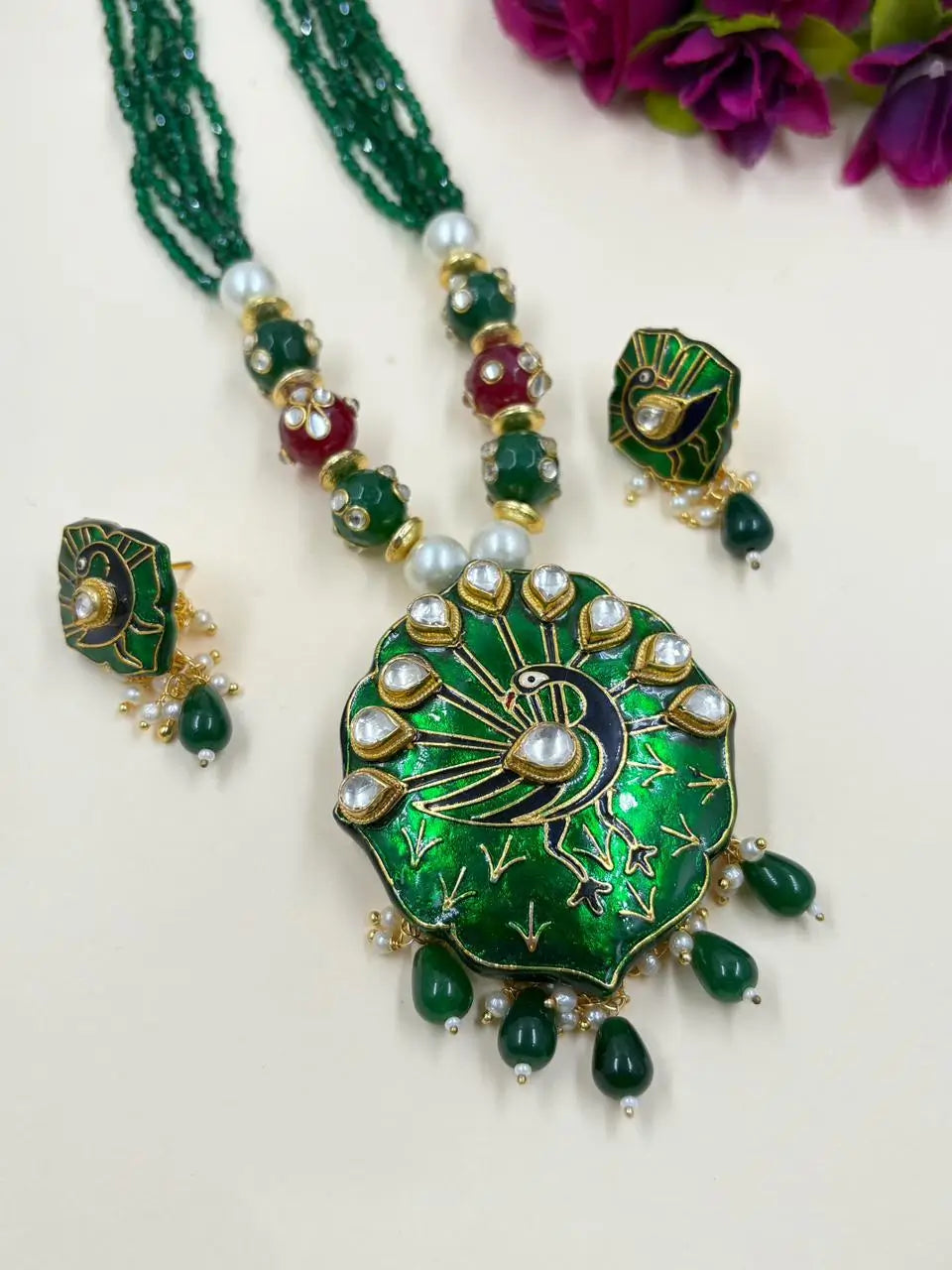 Traditional Peacock Design Necklace Set With Meenakari 