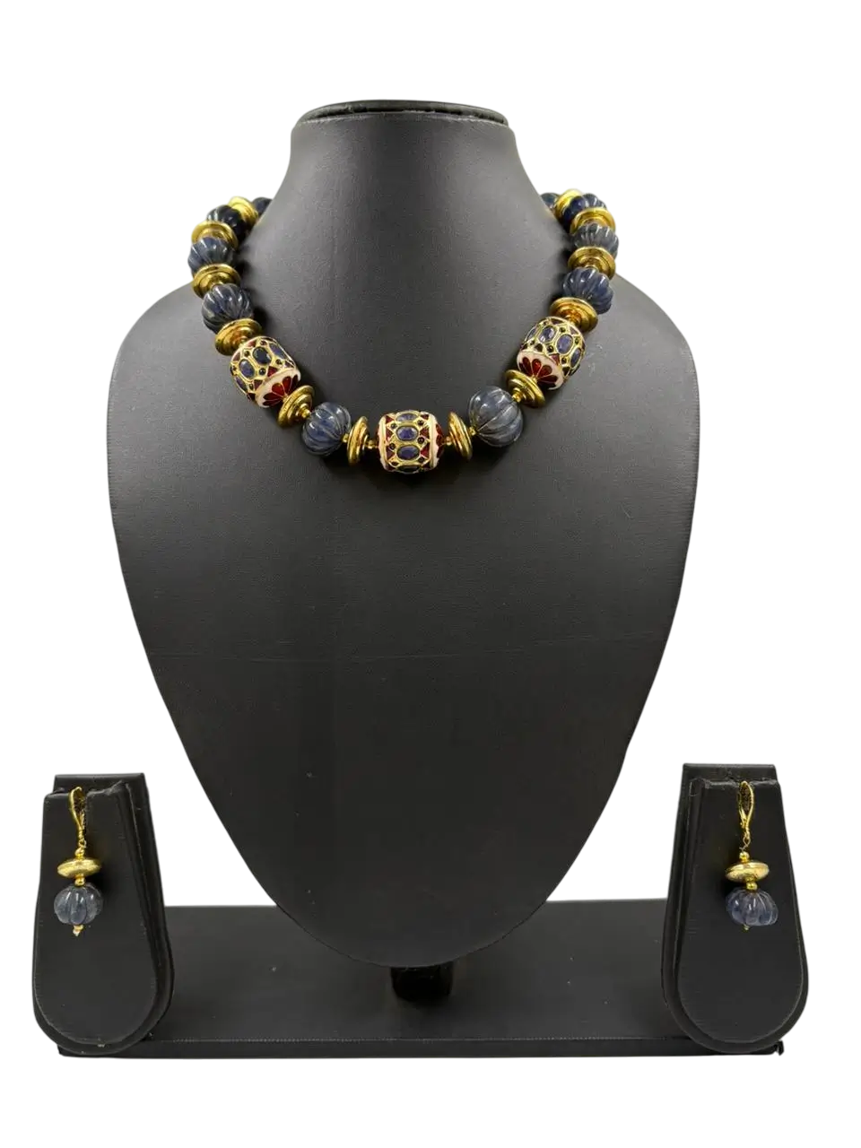 Semi-Precious Blue Jade Stone Watermelon Shaped Beaded Necklace Set For Women