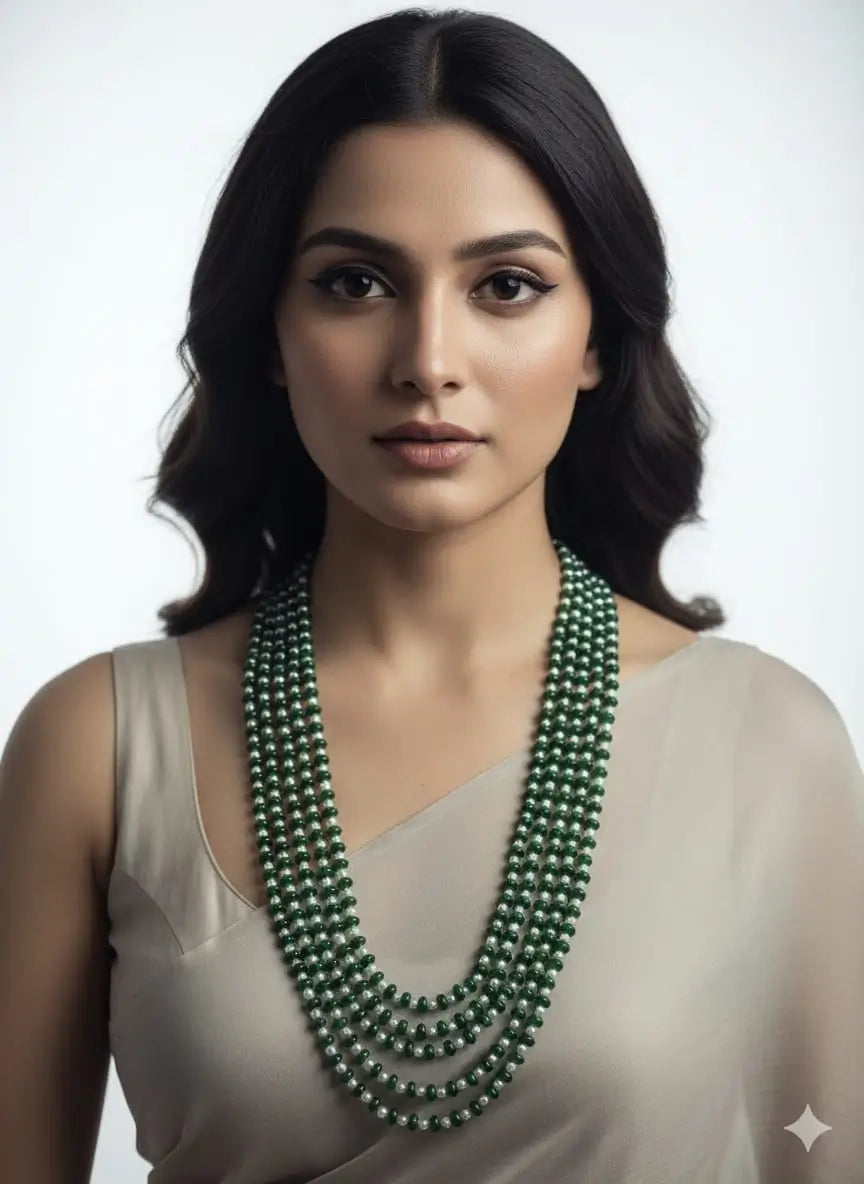 Handcrafted Green Jade and Freshwater Pearls Multi-Layered Beaded Necklace