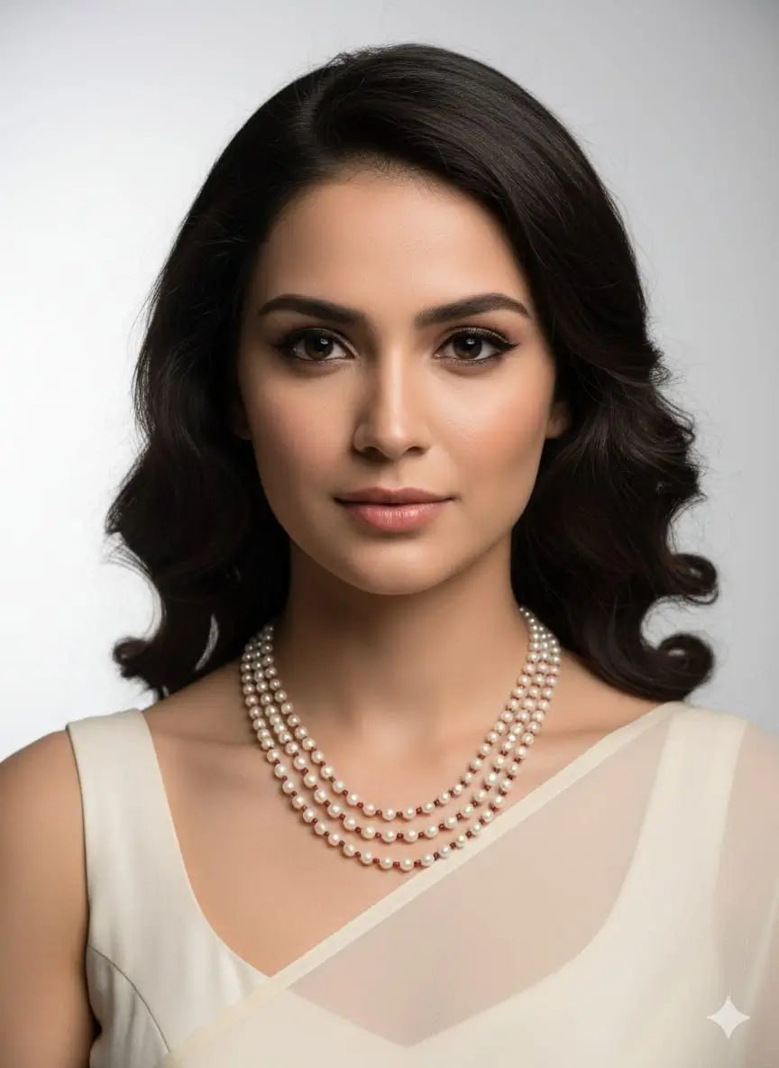 Kalki Shape Freshwater Pearls triple layered Beaded Necklace For Women 