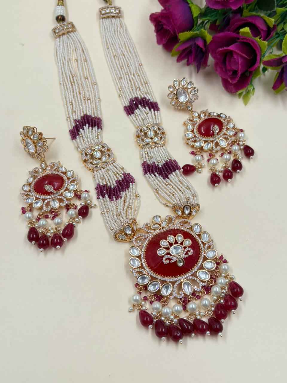Traditional Long Kundan Necklace Set With Pearl Strands - Luxury Wedding Jewellery