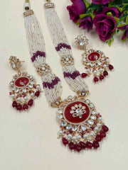 Traditional Long Kundan Necklace Set With Pearl Strands - Luxury Wedding Jewellery